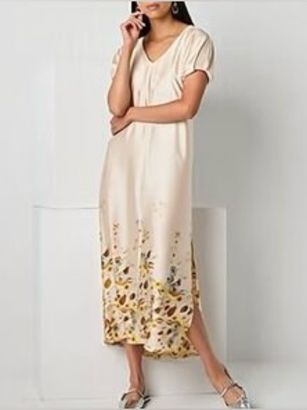 Worthington Champagne Satin Floral Maxi Cottagecore Dress Women’s Size 12